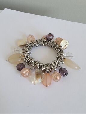 Vintage Silver Tone Multi Strand Stretch Cha Cha Dangle Pink Bead Pearl Bracelet